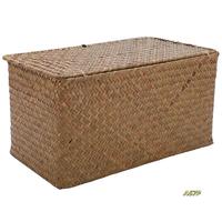 4X Handmade Straw Woven Storage Basket With Lid Makeup Storage Box Seagrass Laundry Baskets Rattan Jewelry Box(M)