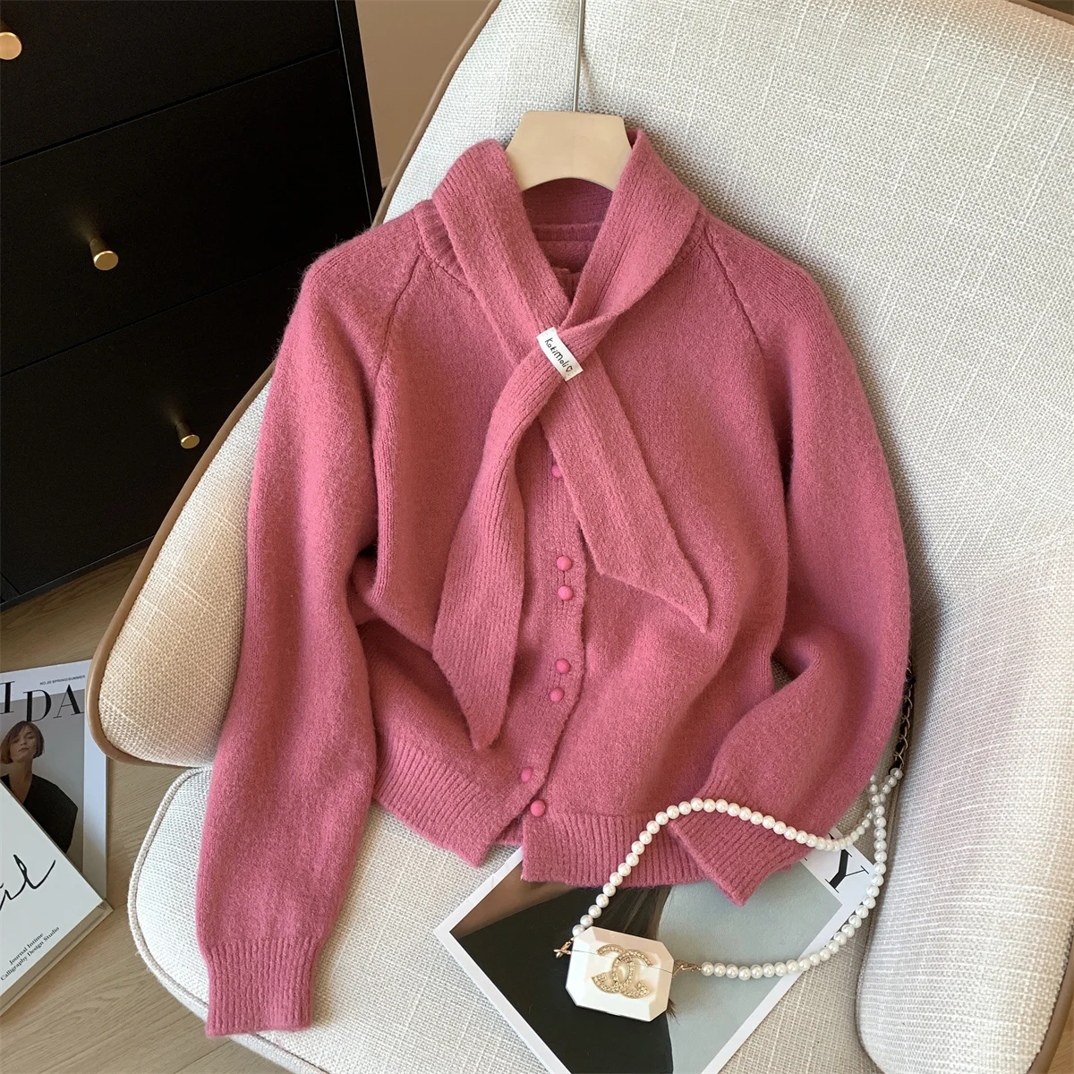 

Women Pink Cardigan Loose Long Sleeve Knit Sweater with Scarf Harajuku Vintage 2000s Y2k Cashmere Sweaters 2025 Autumn Clothes