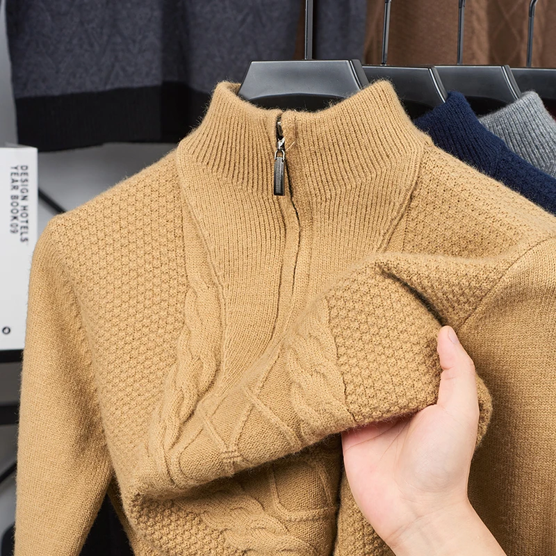 Men's Wool Sweater Half-Zip High-Neck Pullover Thickened Winter Dadwear Innerwear Base Layer