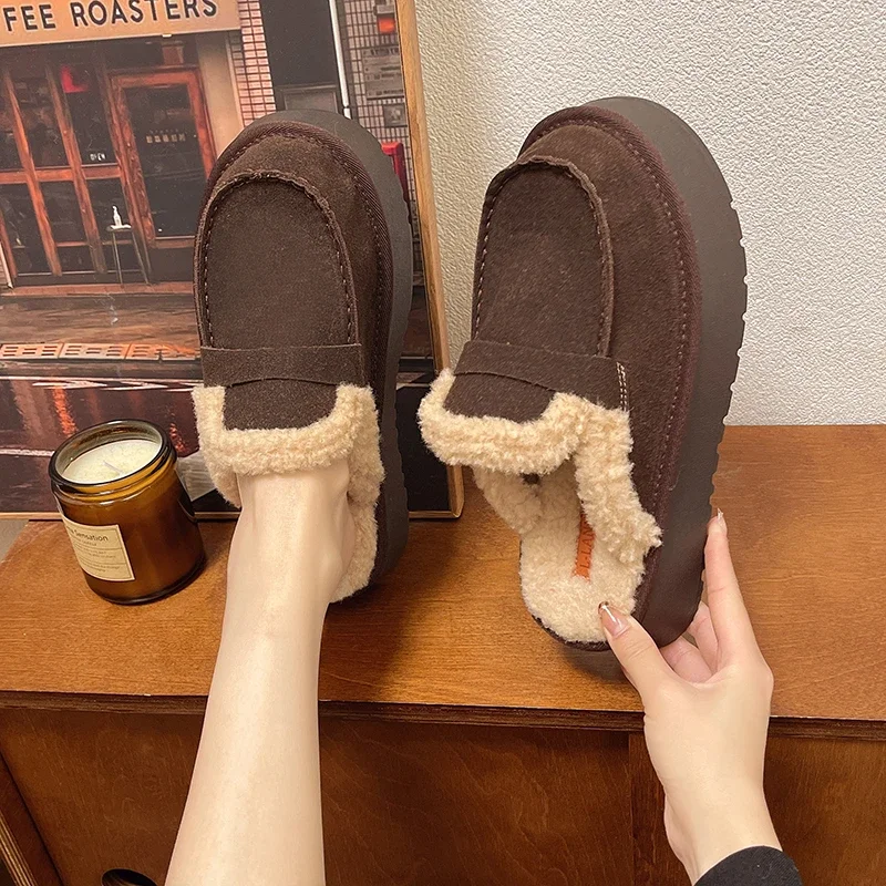 Shoes Woman 2024 Plush Slippers For Adults Winter Footwear Med Platform Pantofle Cover Toe Flock Fur Flat New Fabric Shearling