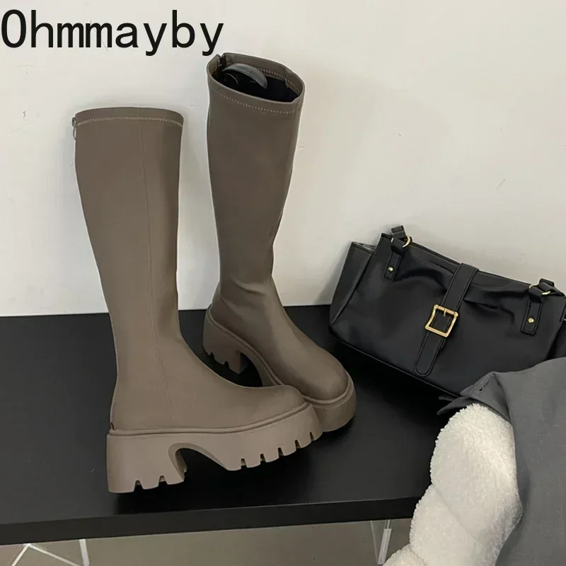 Winter High Boots For Women Fashion Back Zippers Long Boots Female Elegant Platform Thick Bottom Women\'s Knight Botties