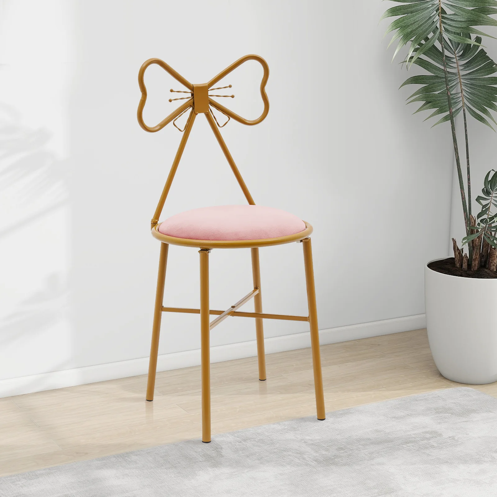 Butterfly Bow Tie Pink Vanity Chair Velvet Cushion Metal Frame Lounge Dresser Seat with Butterfly Backrest