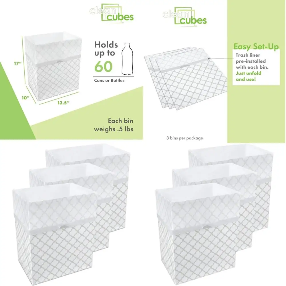 

3-Pack 13 Gallon Collapsible Pop-Up Trash Cans with Liners for Party, Event, and Kitchen Use (Trellis Pattern, 17x13.5x10)