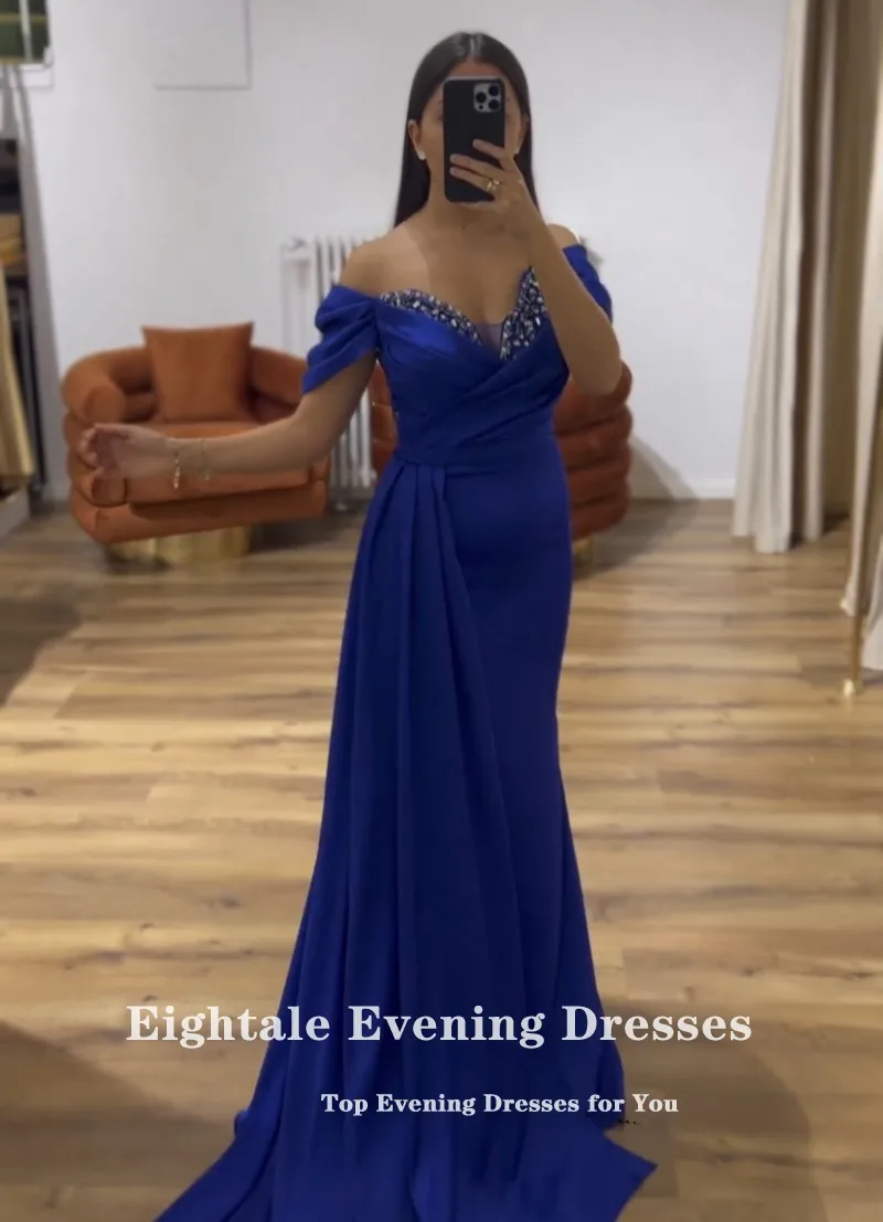 Eightale Royal Blue Evening Dress V-Neck Beaded Off the Shoulder Satin Customized Side Slit Prom Gown Wedding Party Dress