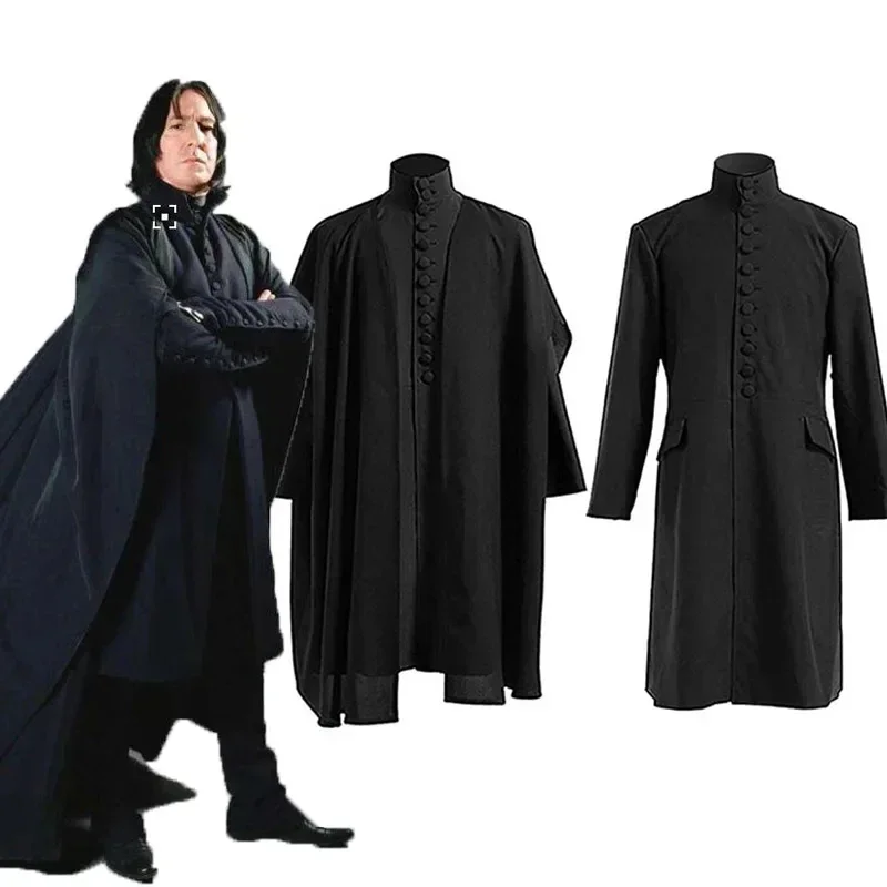 Disfraz de profesor Severus Snape, disfraz de Escuela de Hogwartes, camisas con capa negra, trajes para adultos, bata, varita mágica, uniformes para fiesta de Carnaval