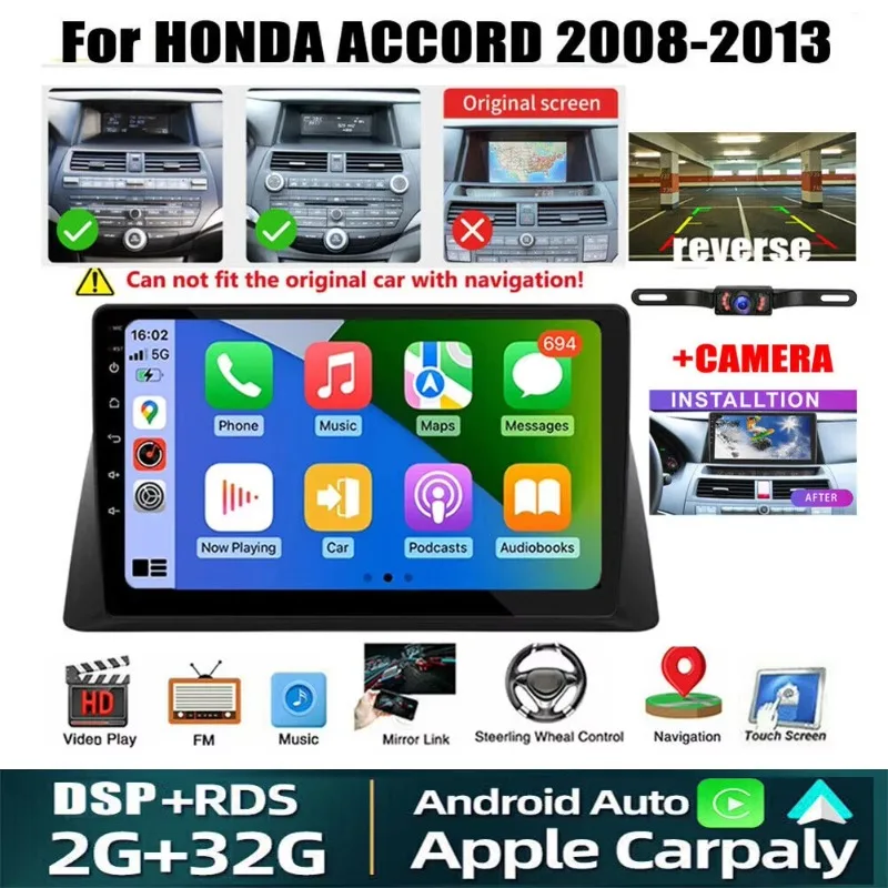 

For Honda Accord 8th 2008-2013 Wireless Carplay&Android Auto 10" WiFi GPS Navi BT FM DSP Rear Camera SWC MirrorLink 2G+32GB
