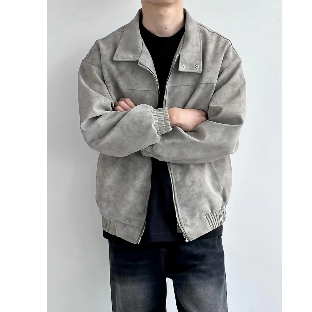 

Street Sle Tie Dye PU Leather Jaet for Men Youth American High End Feel Loose Fit Biker Clothes Casual Faion Outerwear