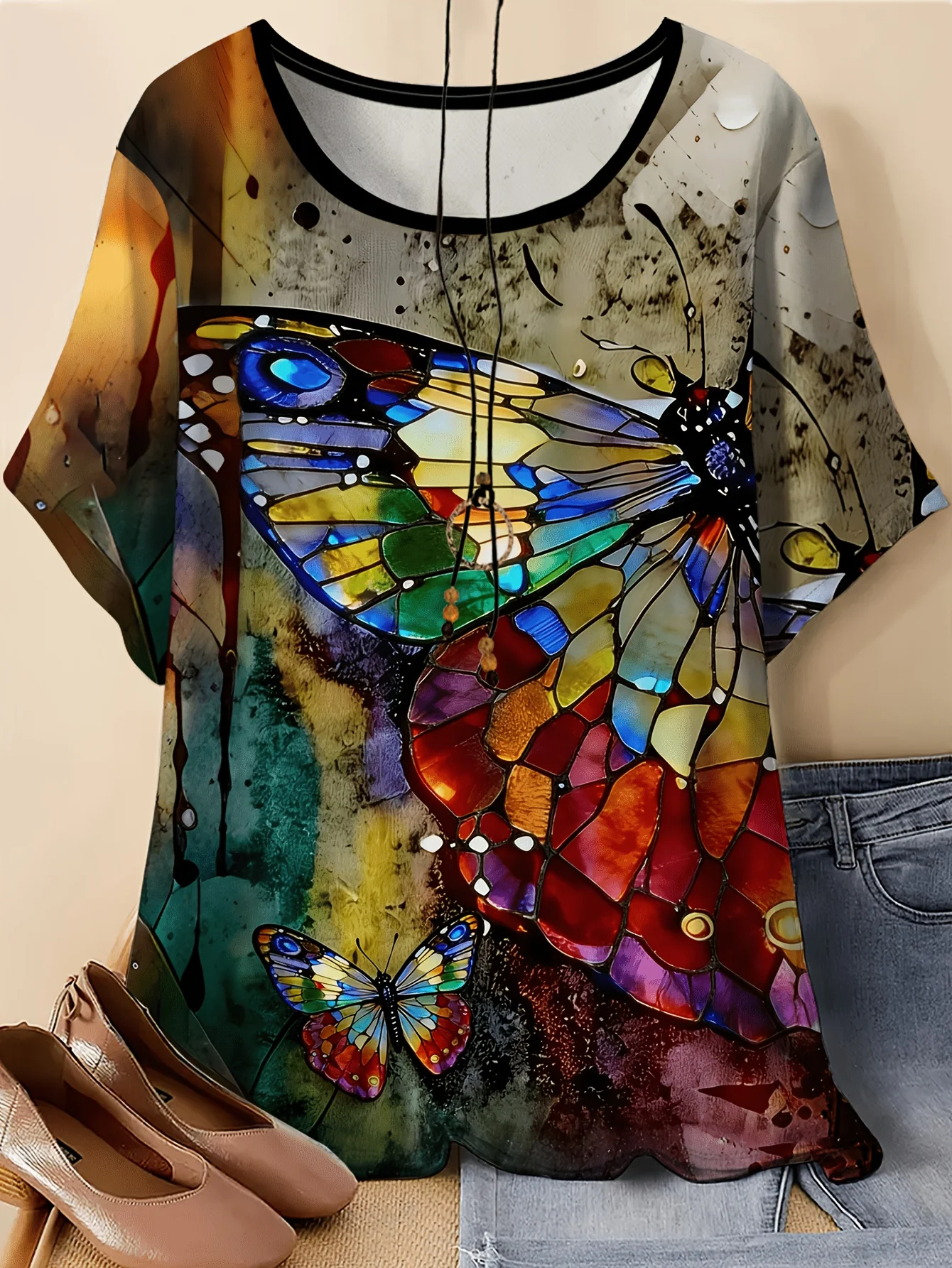 Women Round Neck Short Sleeve T‑shirt Stained Glass Butterfly Watercolor Splash Print Loose Casual Daily Tee Top Women's Clothes