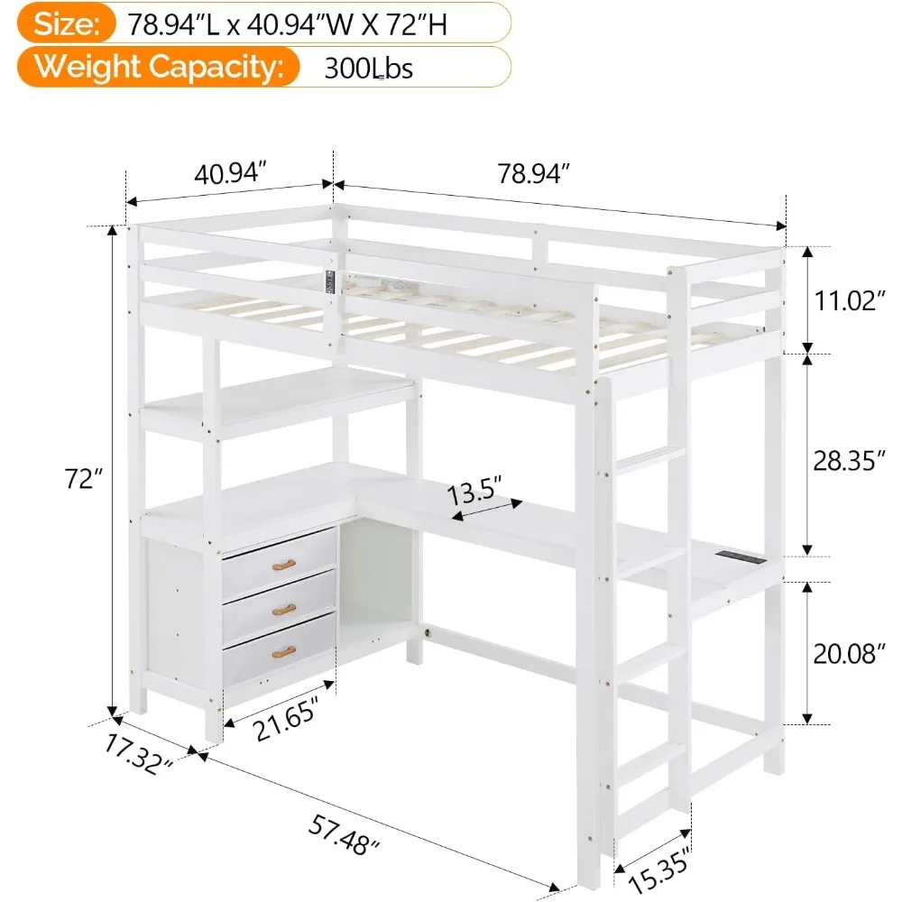 سرير علوي مزدوج مع مكتب على شكل حرف L و3 أدراج تخزين، وسرير ألعاب فردي بطابقين من الخشب الصلب مع إضاءة LED RGB تحت 2 Chargi #2