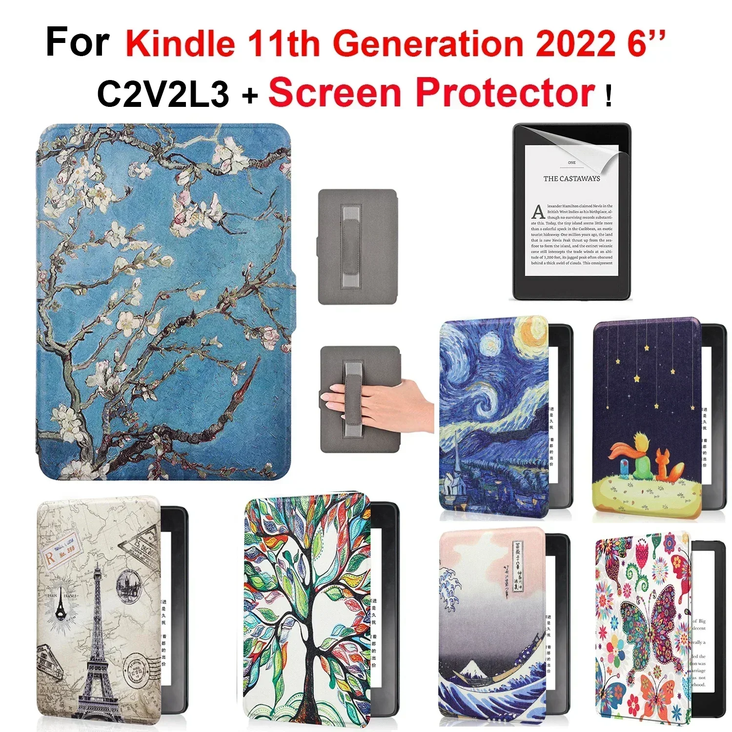 Leather Case for Kindle 11th Generation 2022 6 Inch C2V2L3 + Screen Protector Hand Strap Funda Ebook Auto Wake Sleep Smart Cover