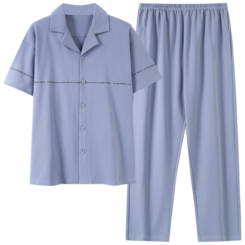 Conjunto de pijamas de talla grande M-4XL para primavera y otoño para hombre, ropa de dormir 100% de algodón de manga larga, Pijama liso con cuello vuelto para hombre