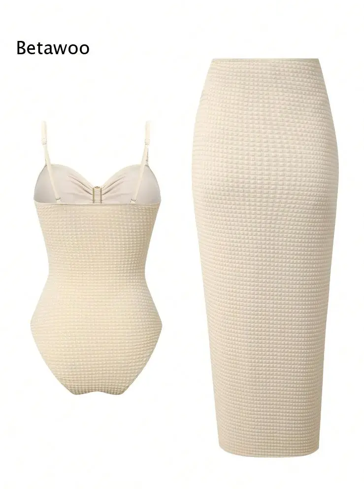 Women Beach Vacation Two Piece Set Sleeveless One Piece Swimsuit with Wrap Skirt for Summer Holiday