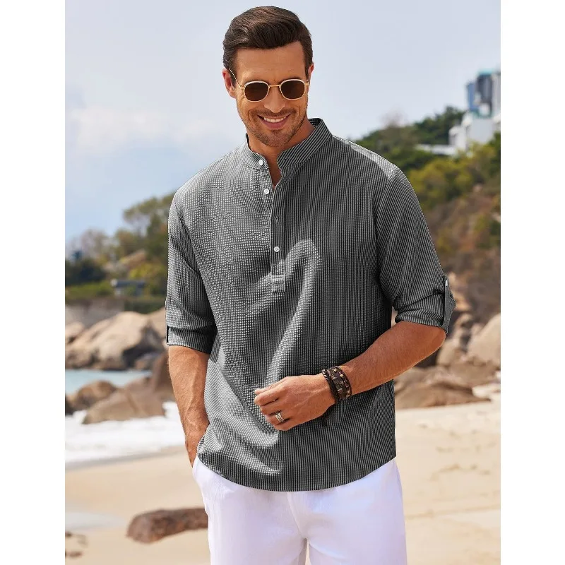 2025 summer men's shirt men's long-sleeved stand-up collar open-button pineapple plaid shirt men's casual shirt top