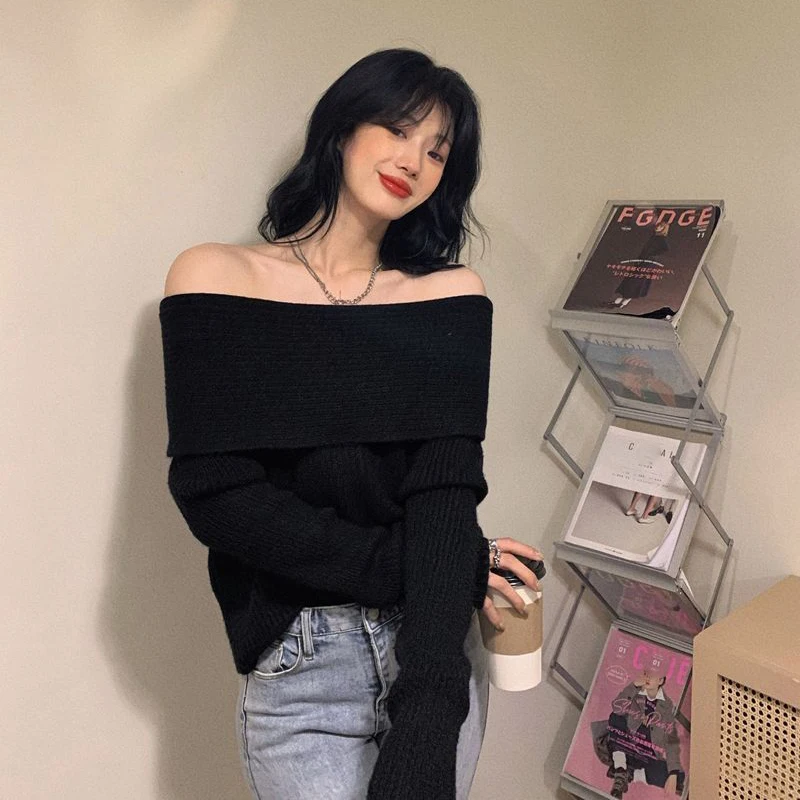 Knitted Sweater Women Pullovers Vintage Slim Off Shoulder Slash Neck Jersey Jumper Female Autumn Winter Thicken Soft Sweaters