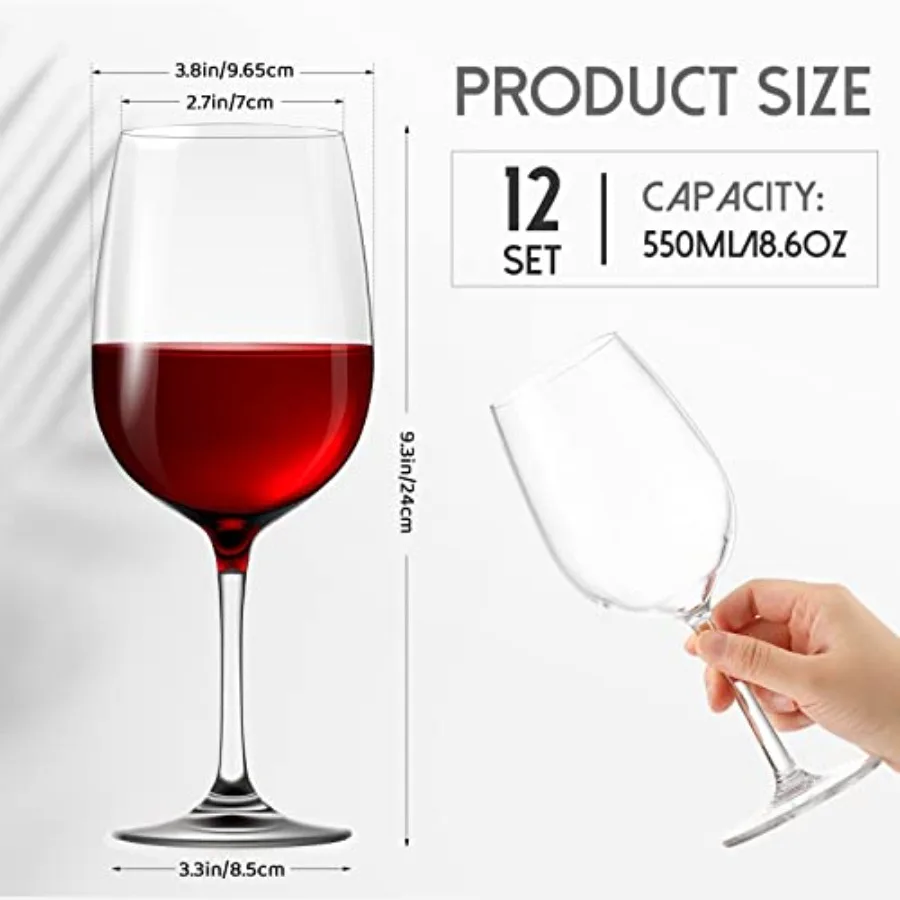 Set of 12 unbreakable plastic wine glasses for outdoor dining, clear polycarbonate, 19 oz capacity, shatterproof and dishwasher