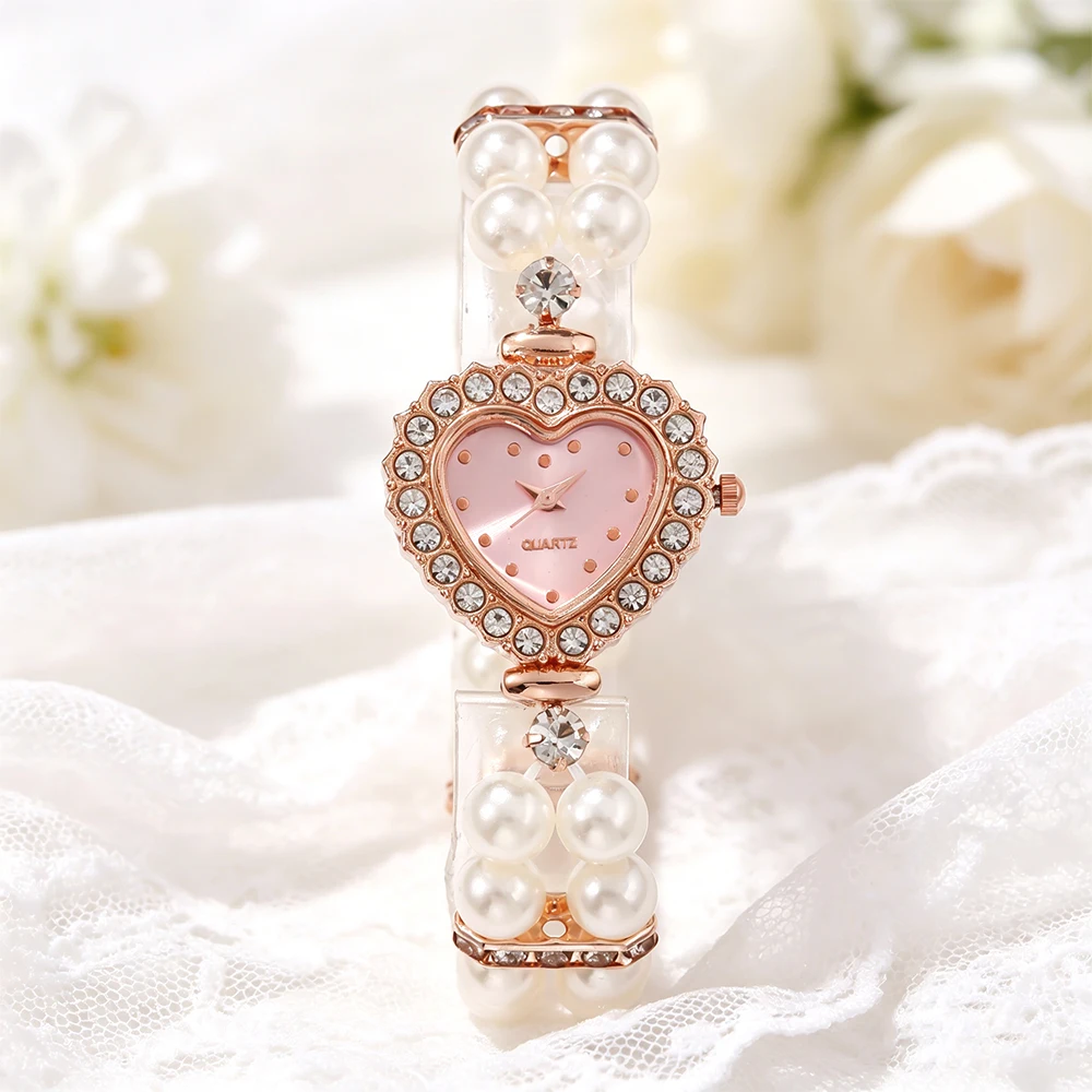 1pc ladies' elegant heart-shaped dial double row elastic imitation pearl quartz watch, suitable for daily wear and holiday gifts