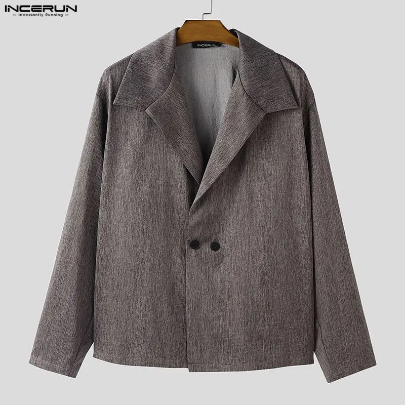

INCERUN Мужская рубашка с однотонными лацканами и длинными рукавами на пуговицах, повседневная мужская одежда, уличная одежда, свободная одежда 2026, модные мужские топы для отдыха в корейском стиле