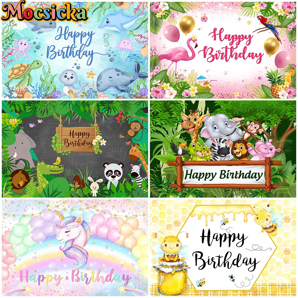 

Mocsicka Happy Birthday Background Photography Animal Baby Shower Newborn Photo Backdrop Party Decorations Shooting Props Studio