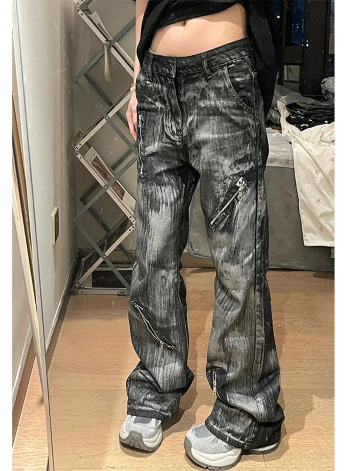 

Модные мужские джинсы с эффектом восковой окраски на молнии, летние, в американском уличном стиле, прямые, молодежные