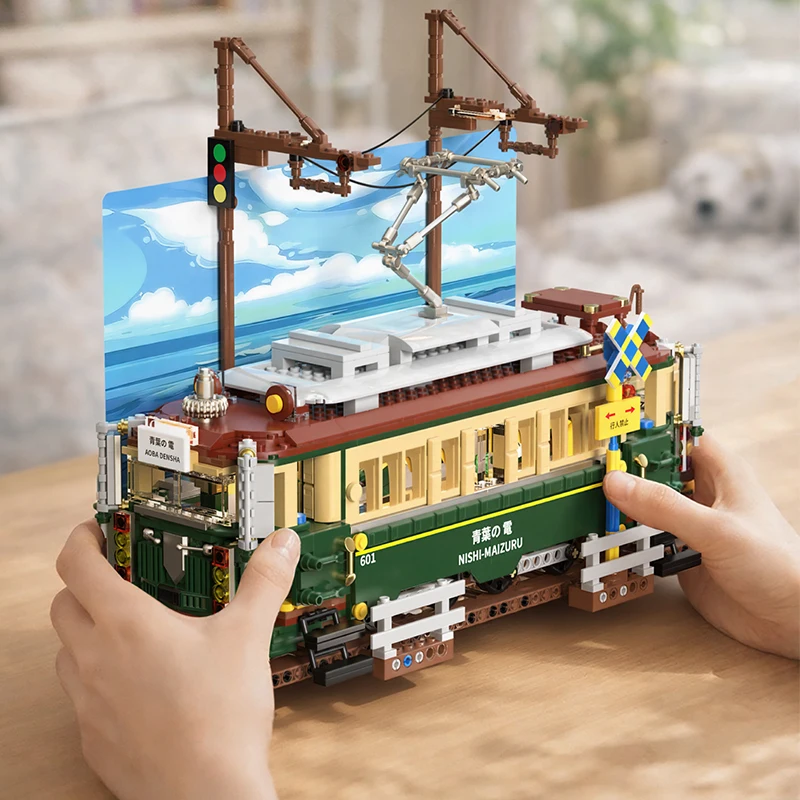 Creative Retro Japanese Cable Car Vintage Electrice Train Building Blocks City Railway Train With Lights Bricks MOC Toy For Gift