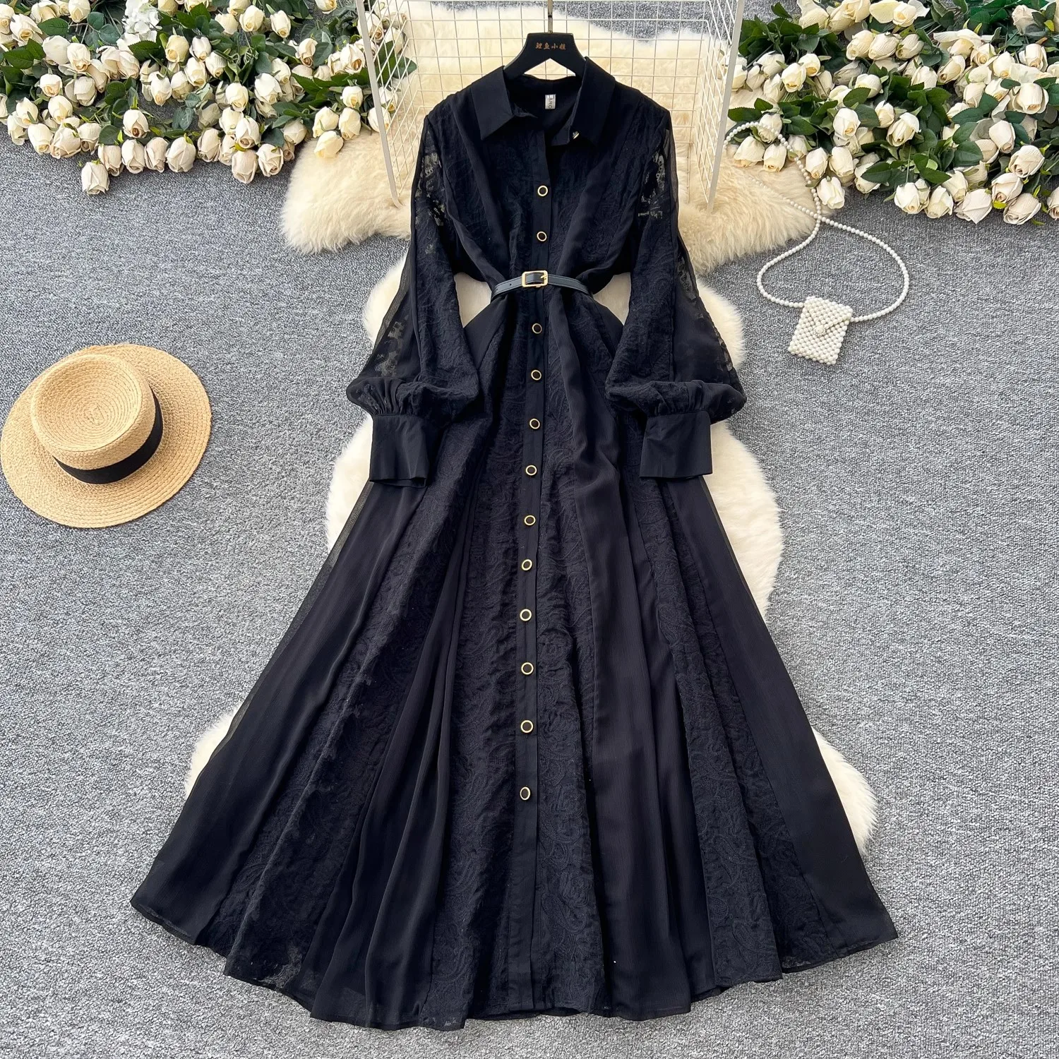 Herbst Aushöhlen Spitze Stickerei Splice Prom Party Kleid frauen Drehen Unten Neck Laterne Hülse Einreiher Elegante Vestidos