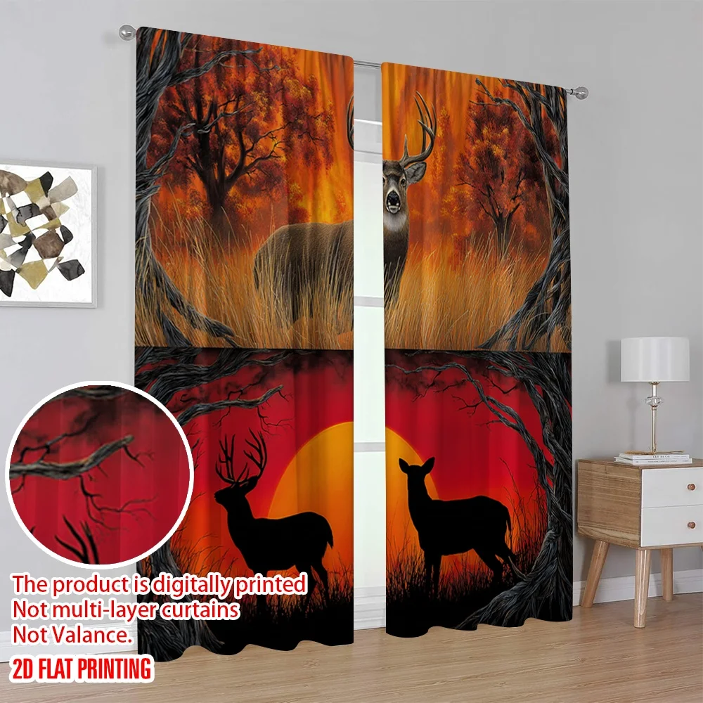 2 قطعة 2D الطباعة المسطحة الستائر Whitetail الغزلان الغروب صورة ظلية الرقمية المطبوعة البوليستر الستائر الموسمية الطرف و عطلة ديكور