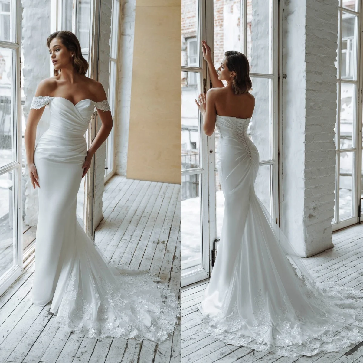 Vintage White Satin Wedding Dresses Off Shoulder Lace Appliques Bridal Gowns Glitter Sequins Floor Length Vestidos De Mariee