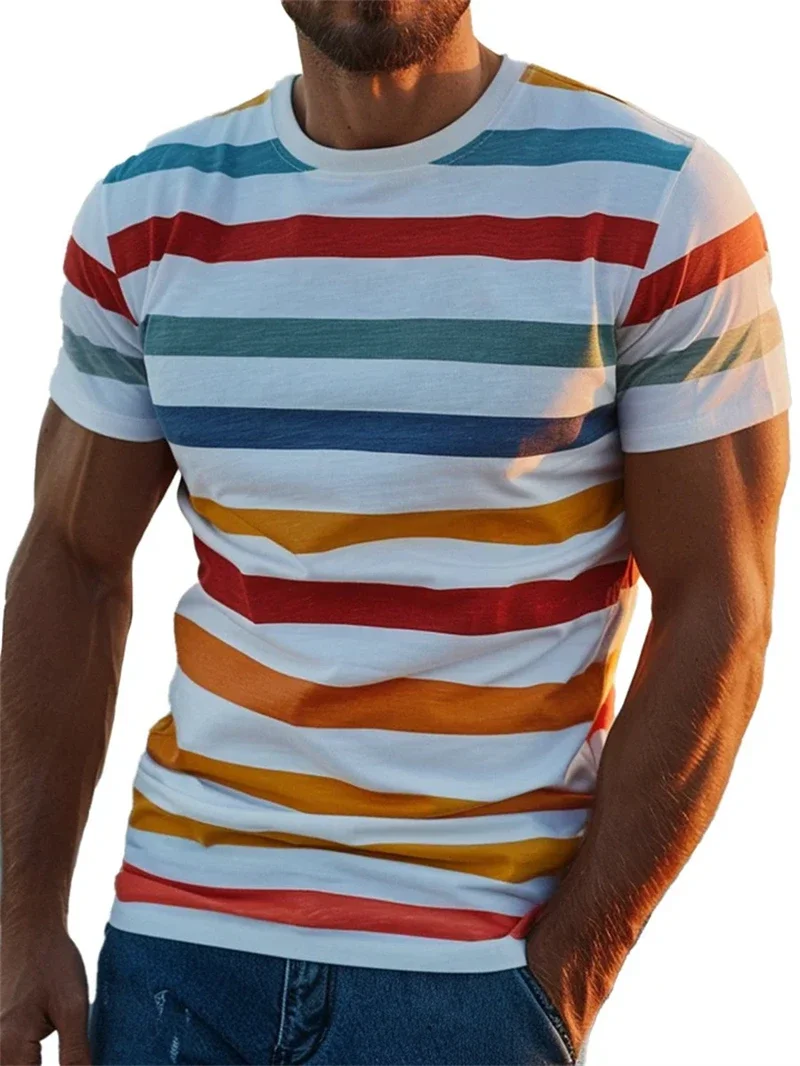 Fashion Men's Retro Multi Color Striped T-Shirt Outdoor Crew Neck Short Sleeve Casual Rainbow Stripe Summer Daily Wear Tee Tops