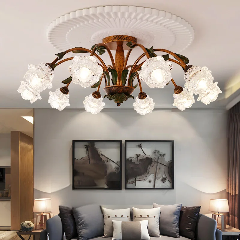 American Retro Iron Ceiling Lights Creative Flower Lampshade Living Room Countryside Bedroom Dining Room LED Lighting Luminaires