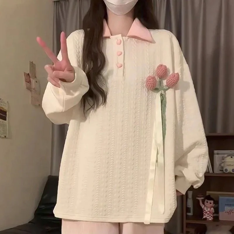 Women Coquette Polo Sweatshirt White Textured Pullover 3D Flower with Ribbon Long Sleeve Oversized Cute Spring Autumn Top