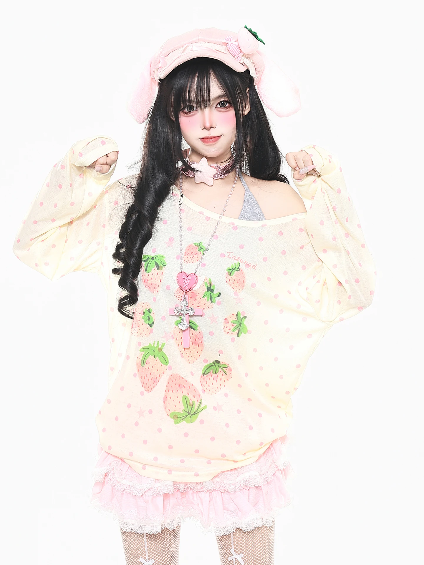 Summer Thin Loose Women's Strawberry Polka Dot Print Two-Piece Set Orange Marmalade Girl Style Breathable Long Sleeve T-Shirt