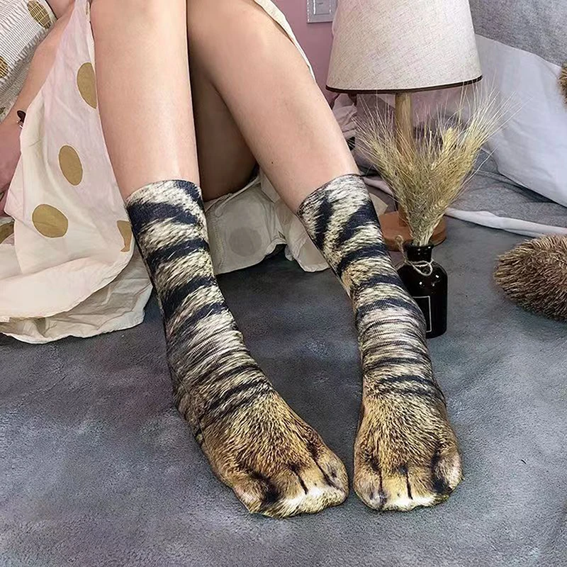 Creative Animal Foot Printed Women Middle Tube Socks Cartoon Cat Tiger Duck Claws Ladies 3D Print Funny Animal Middle Socks