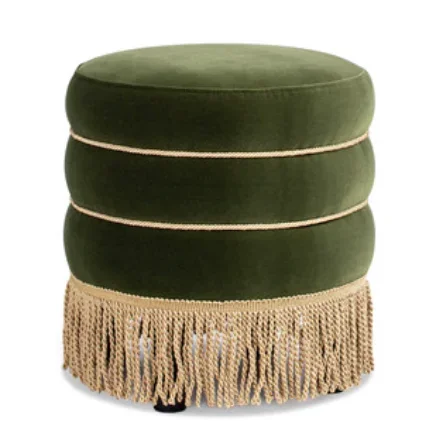 

Edward 17.5" Round Upholstered Ottoman with Bullion Fringe, Olive Green