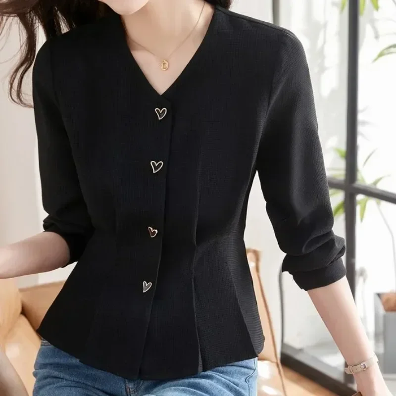 Black Shirts Women V-neck Long Sleeve Chic Graceful Defined Waist Short Autumn Winter Office Lady Gentle Temperament Female New