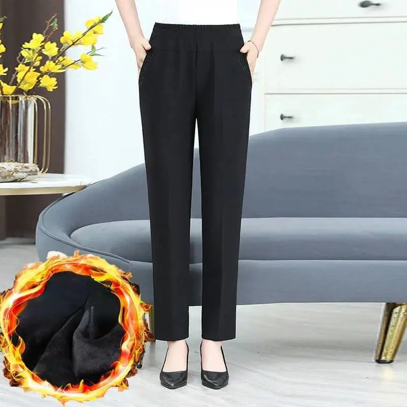 

Winter Pants Women Thick Velvet Pants Grandma Mother Casual Warm High Waist Straight Trousers Middle-aged Female Pant