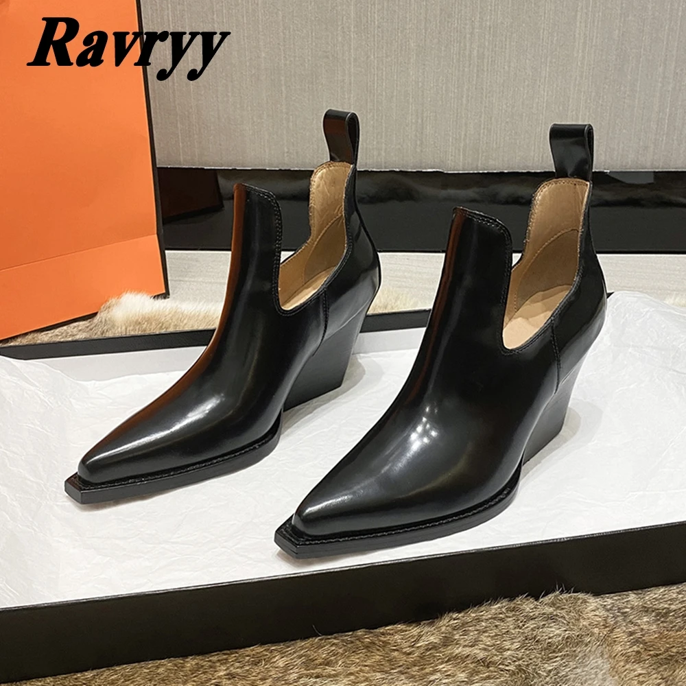 Genuine Leather Pointed Toe Slip On Chelsea Boots Pointed Toe Shallow Sexy Women Boots Solid Wedges Heel Platform Casual Shoes