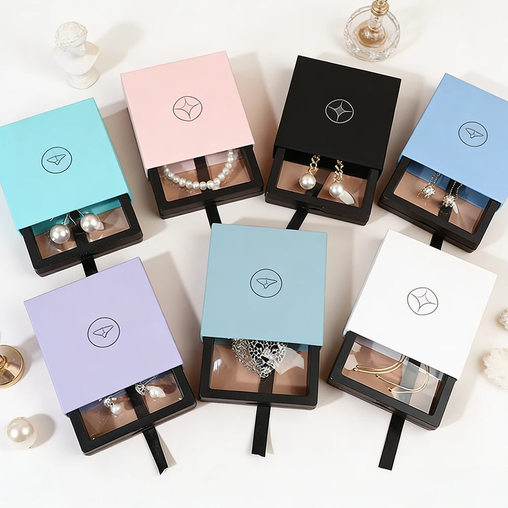 

50Pcs Custom Logo Jewelry Display Boxes Suspension Shatterproof Drawers Earring Necklace Trade Show Boutique Retail Package Box