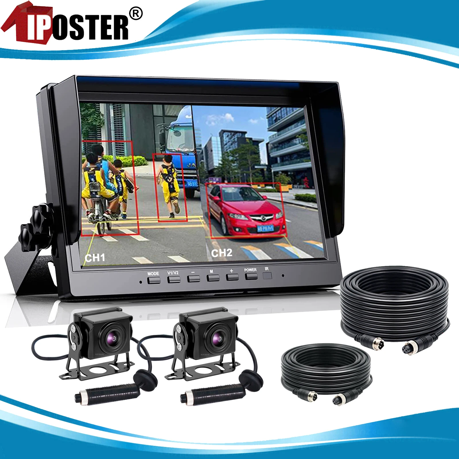 

iPoster 10.1 Inch 2 Channel BSD Smart Blind Spot Alarm Truck Bus DVR Video Recorder Monitor with 2 AHD 1080P Parking Cameras Rv