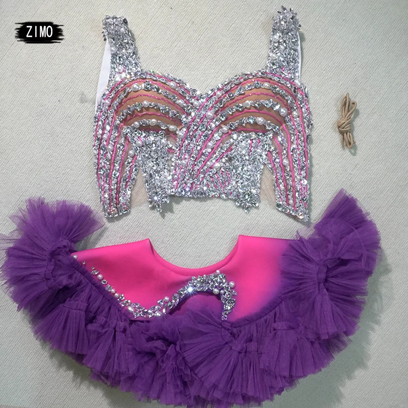 

2 piece suit mini dress purple crystals Dance club Stage Performance Celebrate party festival drag queen pole dance clothing