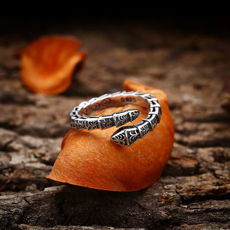 sterling silver ring snake men's and women's Tang grass pattern ring opening Thai silver retro personalized trendy jewelry