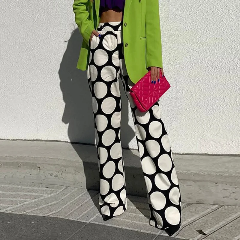 Imagem -02 - Bohohipei-elegante Calça Feminina de Perna Larga de Bolinhas Solta de Cintura Alta Casual de Escritório Primavera Verão Nova Moda 2023