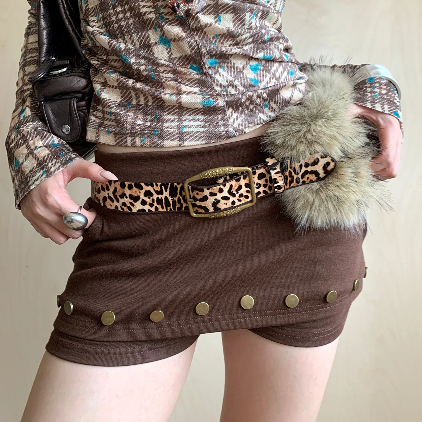designer Leopard Print Y2k Spliced Spicy Girl Belt, Women's New Fashionable Design, Waist Seal with Jeans, Fur Belt Decoration