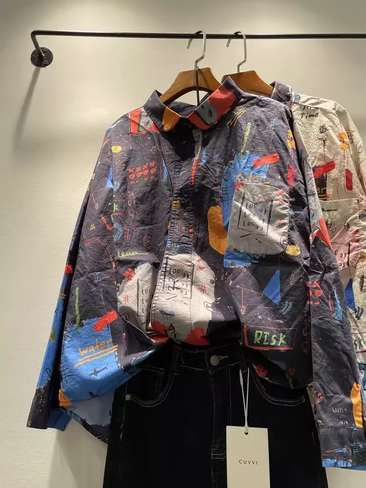Harajuku fashion y2k graffiti printed blouses long sleeve tops for women Japan style original design large size oversized shirts