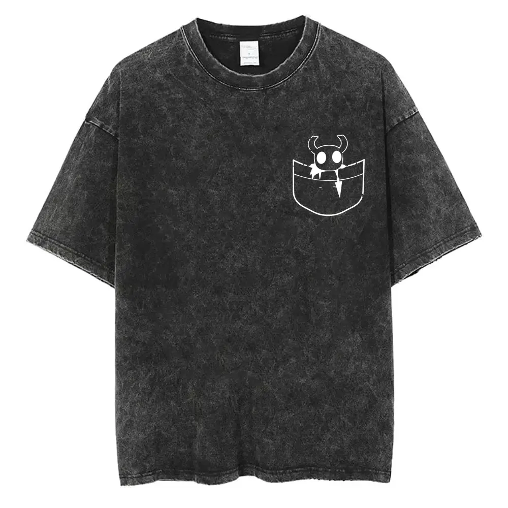 Washed Vintage Game Hollow Knight Pocket Graphic T-shirt Men Women's Casual Funny Oversized T-shirts Men's 100% Cotton T Shirts