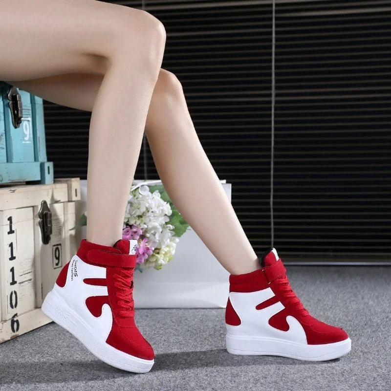 Red Sneakers Women 2024 New High Top Platform Casual Wedges Autumn Winter Female Black Internal Increase Vulcanize Shoes Lace-up