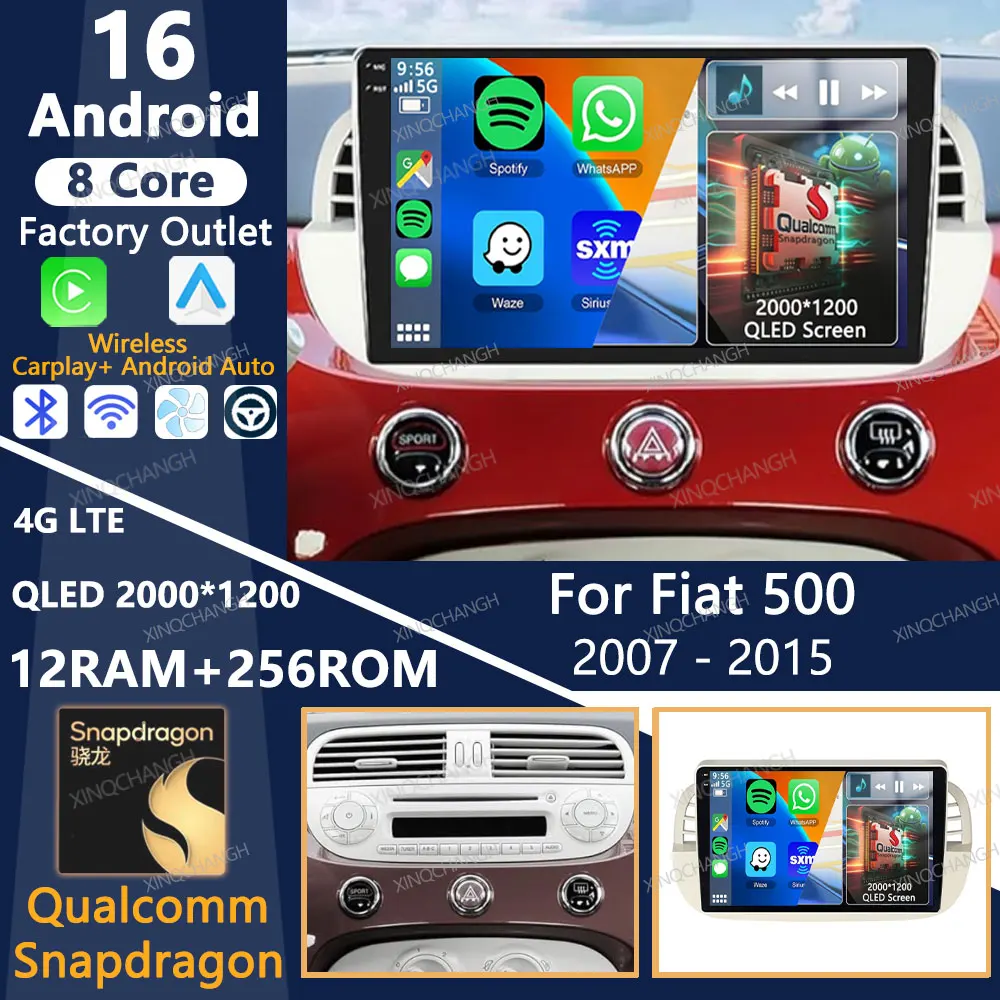 Android 16 Car Radio For FIAT 500 2007 - 2015 Qualcomm Carplay Auto BT GPS Multimedia Stereo Video Player 4G WIFI Head Unit QLED