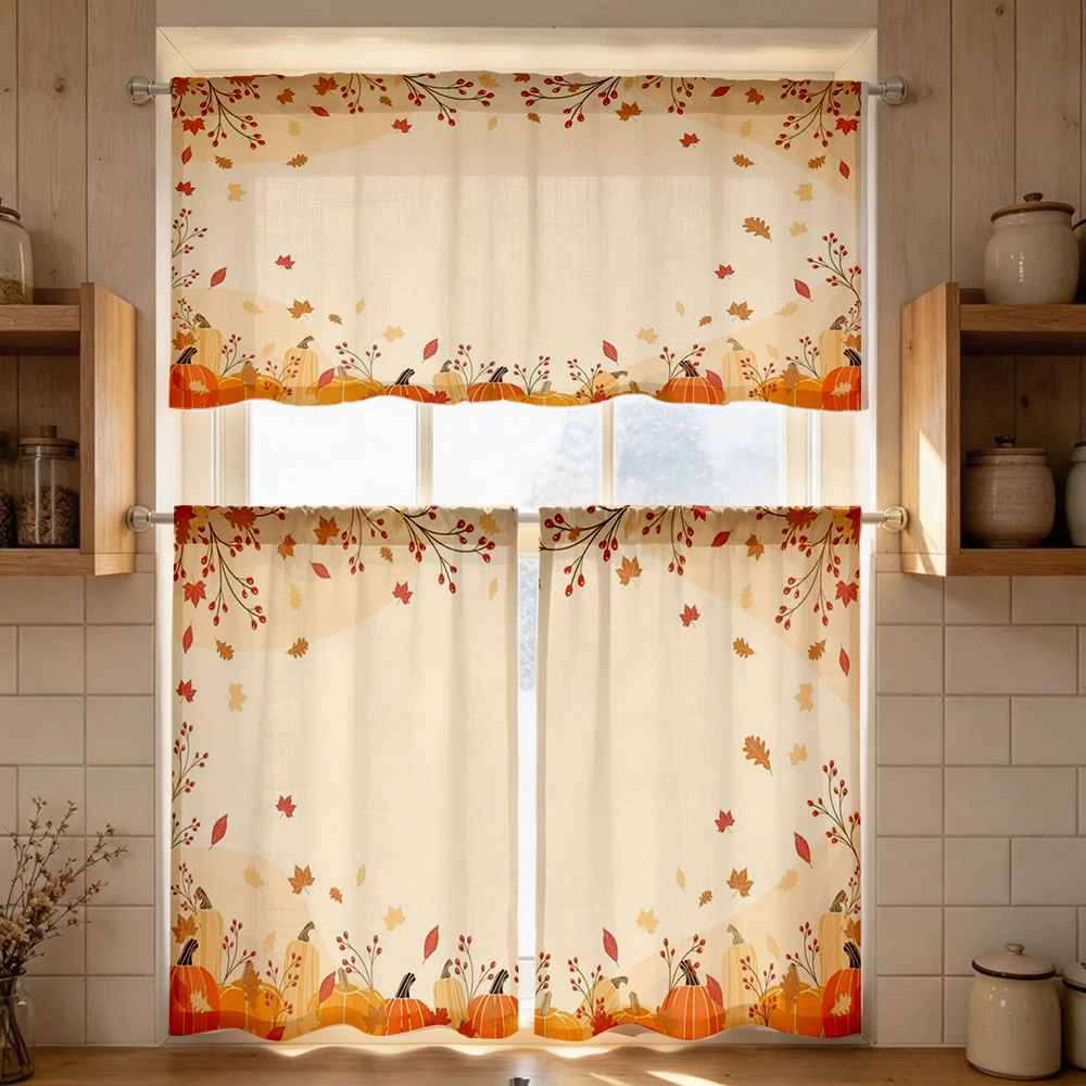 Thanksgiving Fall Kitchen Curtains, Mini Pumpkin, Digital Print, Kitchen Dining Room, Rod Pocket Polyester, Home Decor
