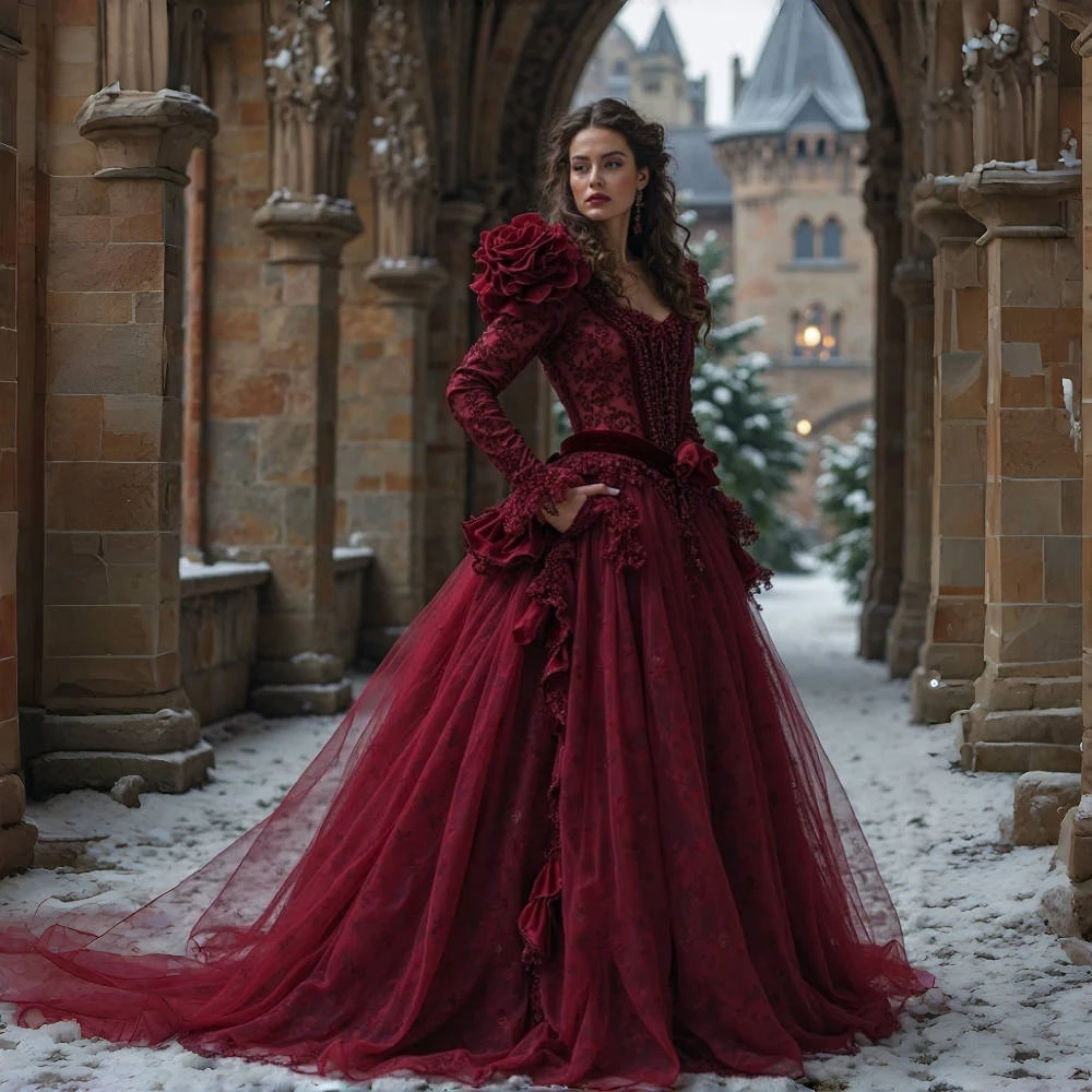 Винтажное викторианское платье для выпускного вечера, бордовое кружевное тюлевое длинное вечернее платье принцессы с карманами и оборками, индивидуальное платье Vestidos De Novia