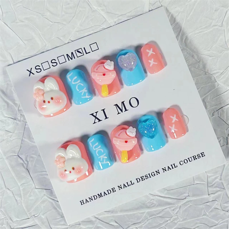 10Pcs Handmade Pink Press On Nails with Fat Rabbit Fake Nail Full Cover 3D Artificial Manicure Blue False Wearable Nail Tips Art