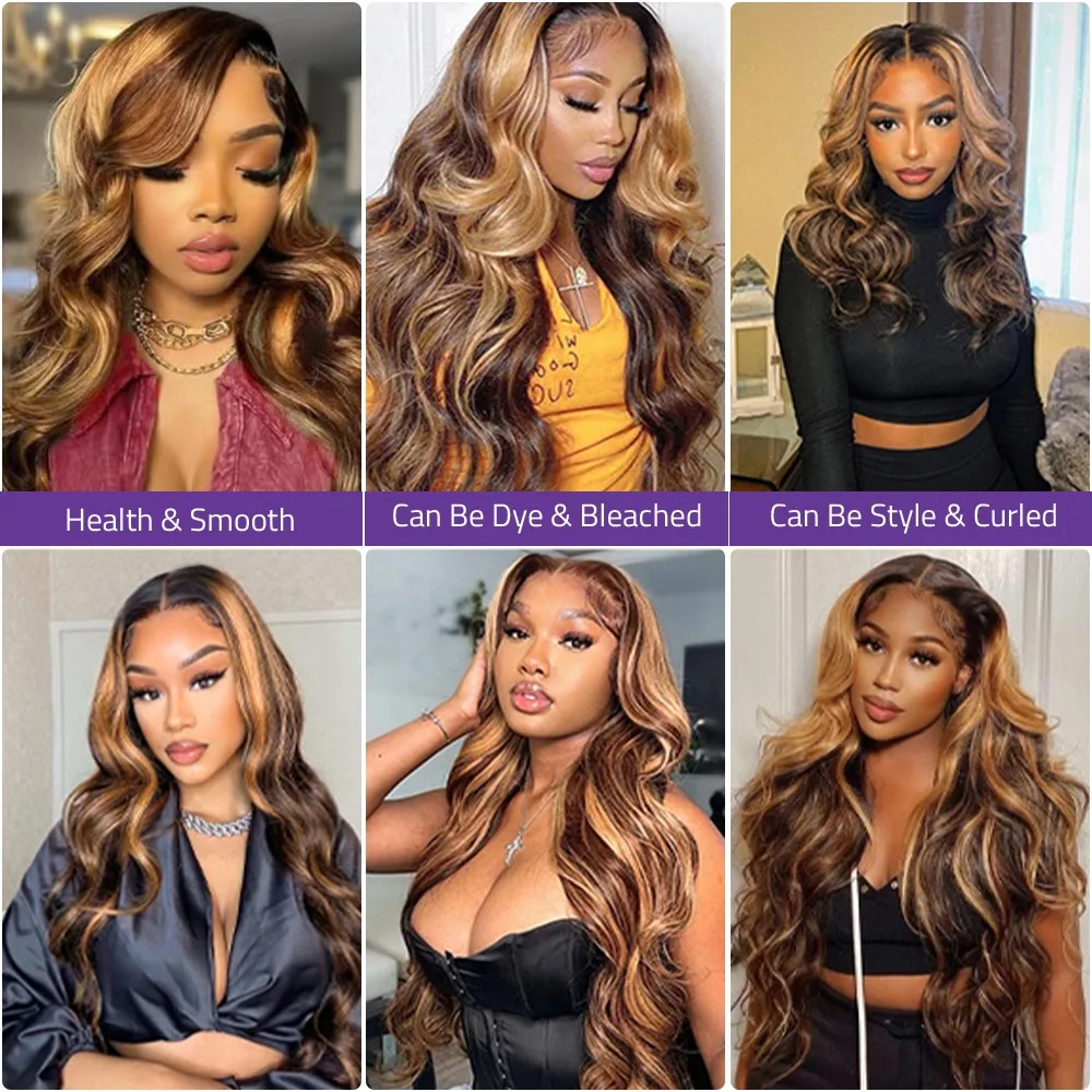 密度200 36インチ 4/27 ハイライト ボディウェーブ 13x6 レースフロントウィッグ ブラウンカラー 13x4 HDレースフロントウィッグ グラデーションブロンド 100%人毛